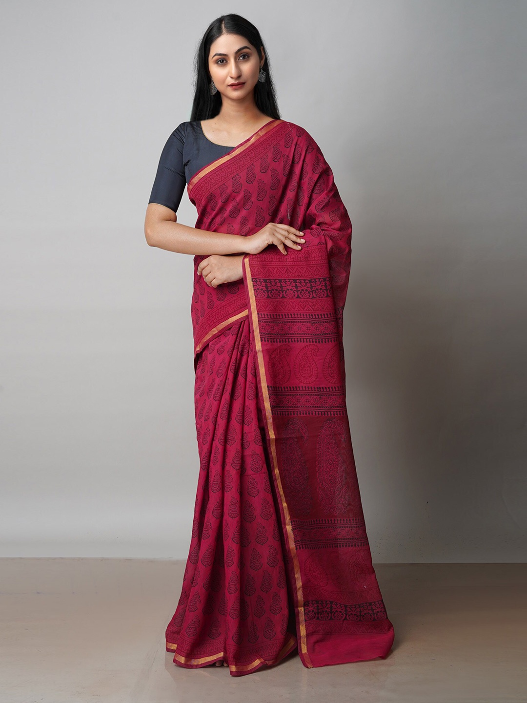 

Unnati Silks Bagh Printed Zari Chanderi Cotton Saree, Red