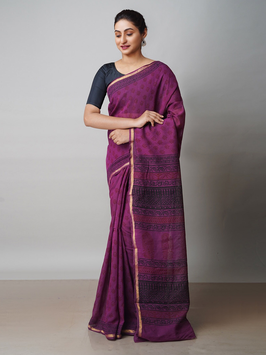 

Unnati Silks Bagh Printed Zari Chanderi Cotton Saree, Purple