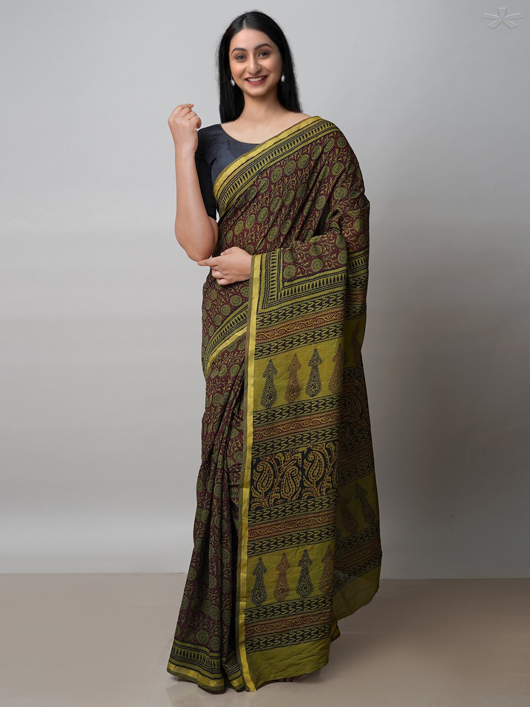 

Unnati Silks Bagh Printed Zari Chanderi Cotton Saree, Green