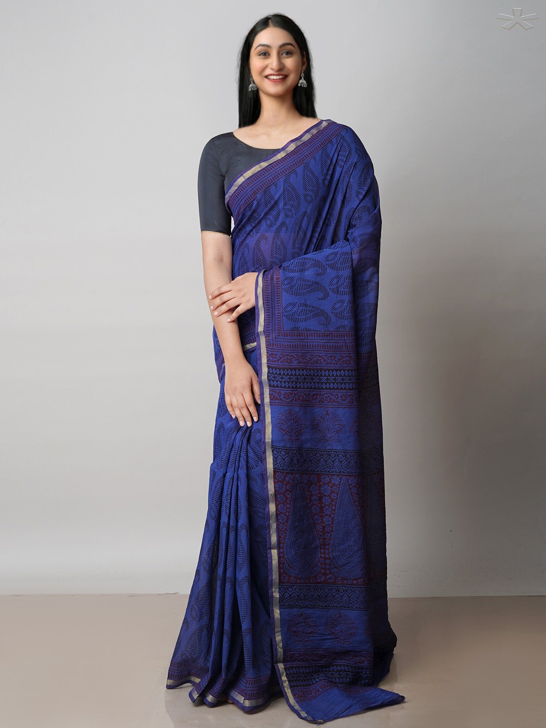 

Unnati Silks Bagh Printed Zari Chanderi Cotton Saree, Blue