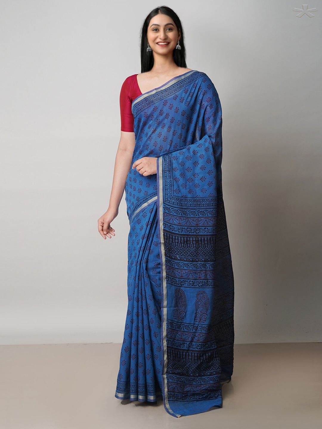 

Unnati Silks Bagh Printed Zari Chanderi Cotton Saree, Blue