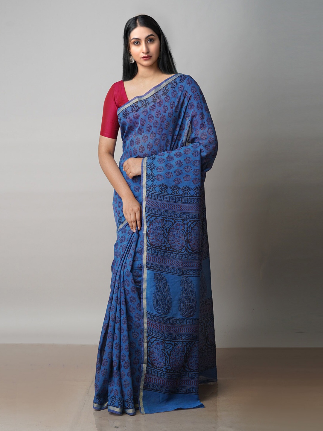 

Unnati Silks Bagh Printed Zari Chanderi Cotton Saree, Blue