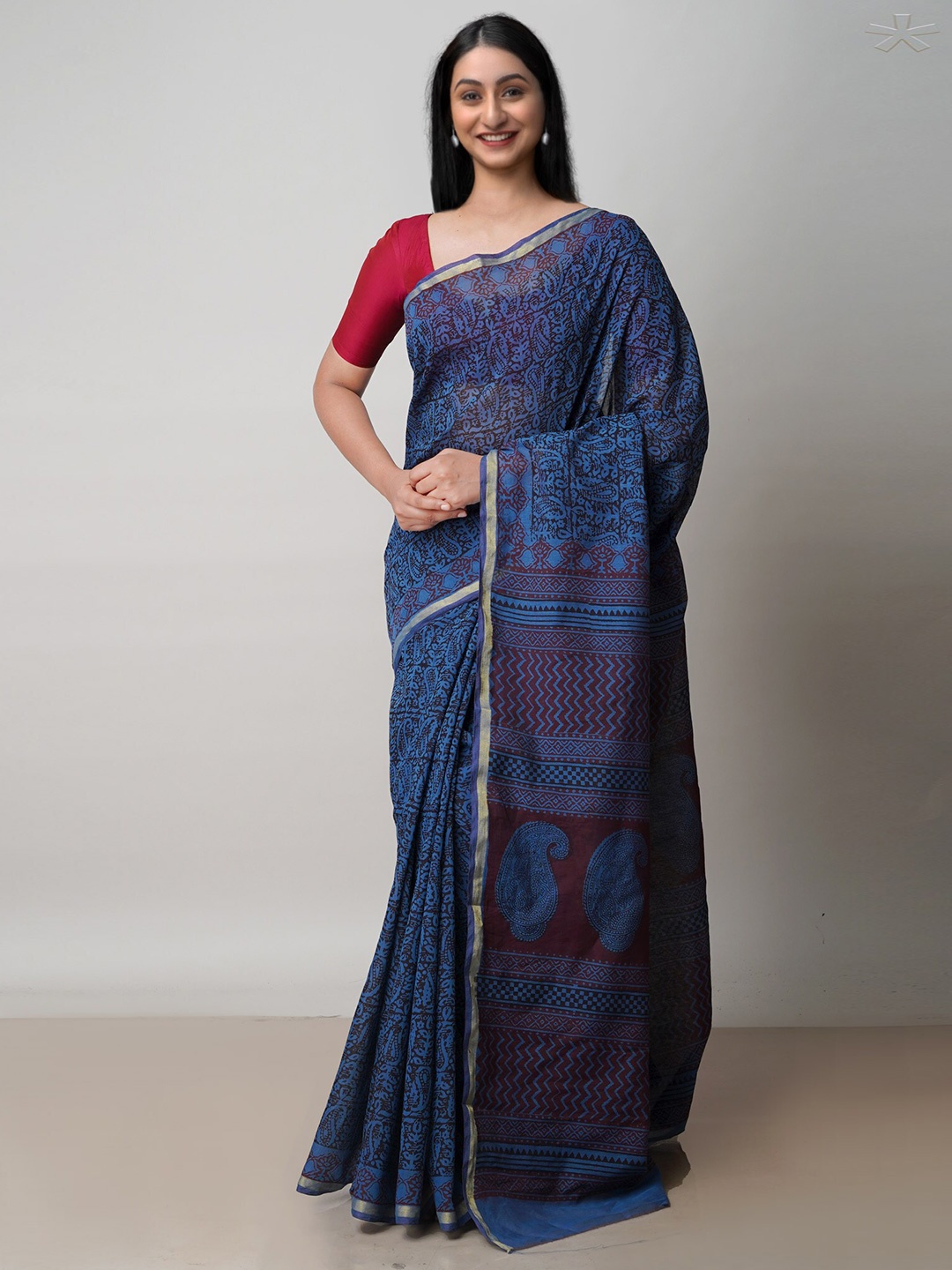 

Unnati Silks Bagh Printed Zari Chanderi Cotton Saree, Blue