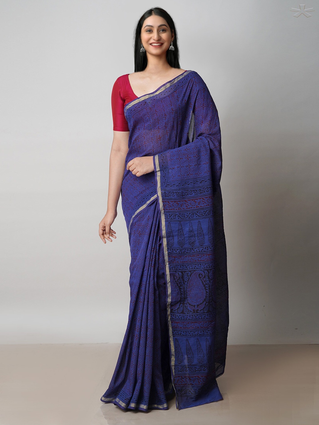 

Unnati Silks Bagh Printed Zari Chanderi Cotton Saree, Blue