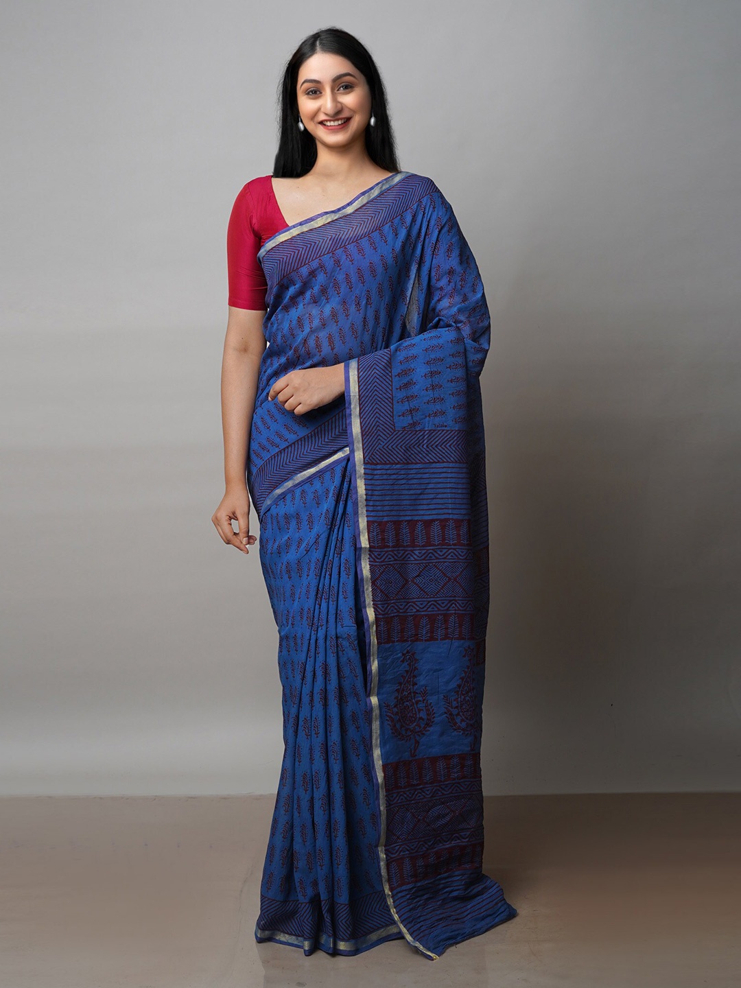 

Unnati Silks Bagh Printed Zari Chanderi Cotton Saree, Blue