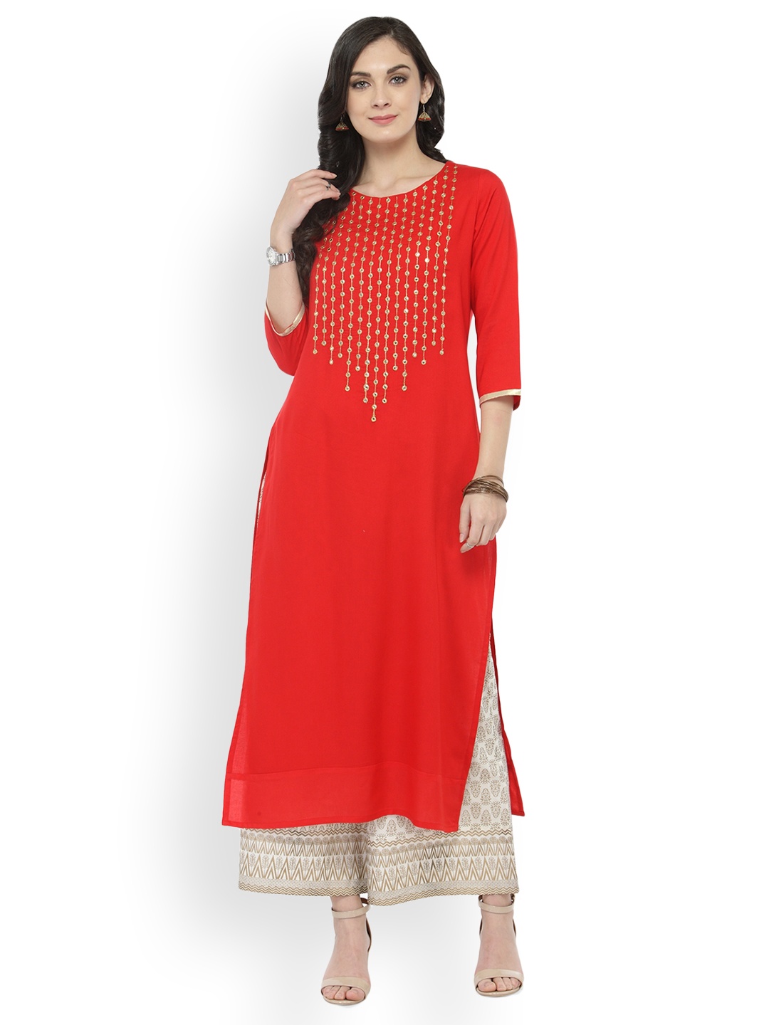 

Varanga Red Embellished Kurta With Printed Palazzo