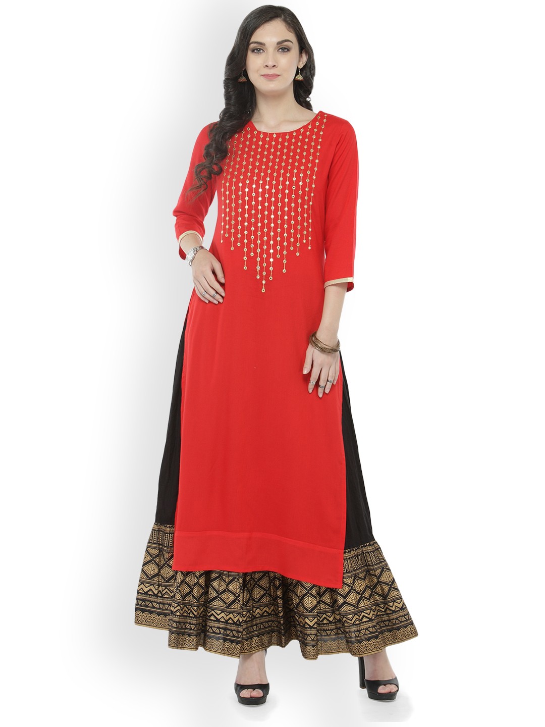 

Varanga Red Embellished Kurta With Printed Skirt