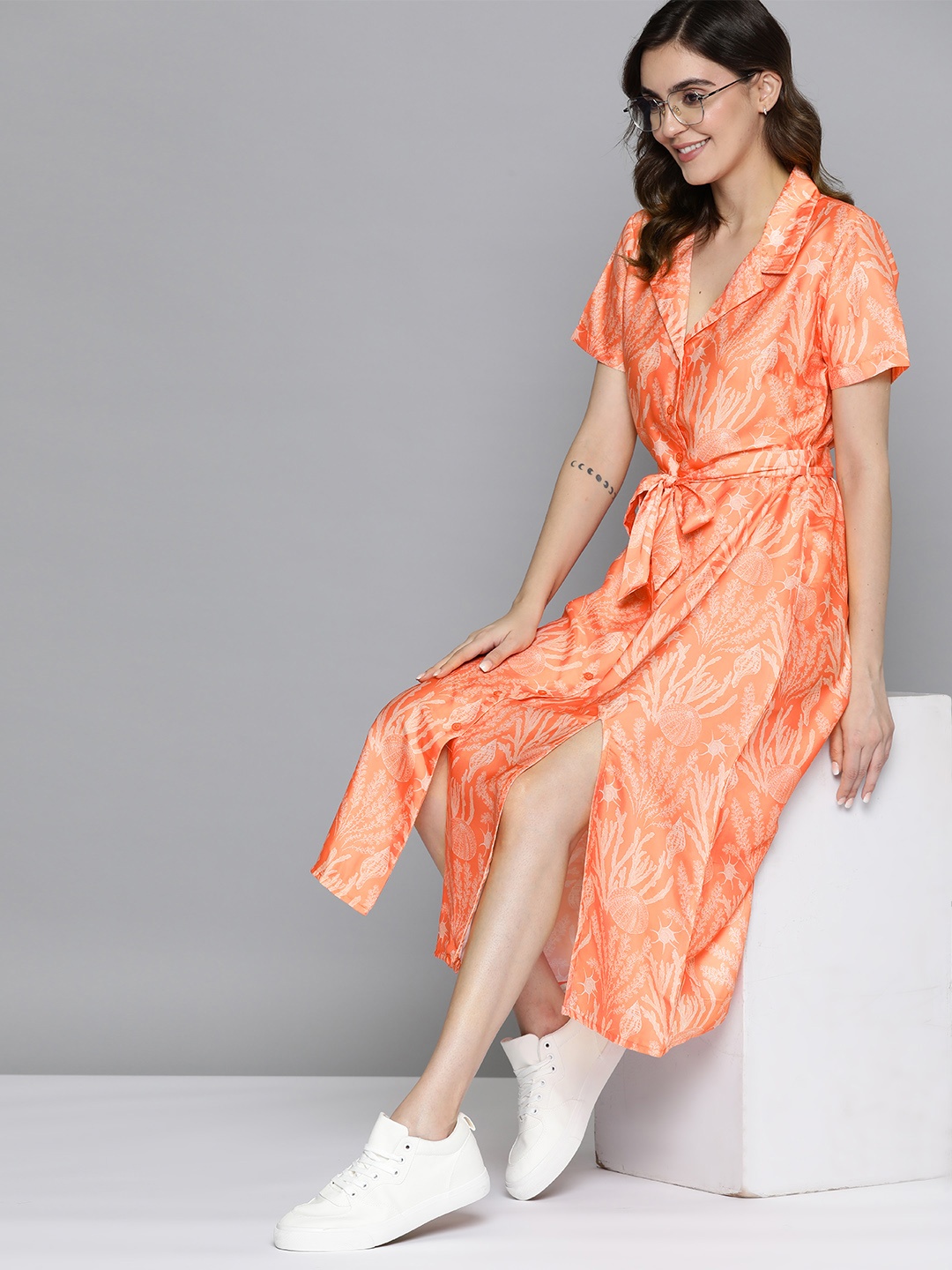 

Mast & Harbour Floral Print Satin A-Line Midi Dress With Belt, Orange