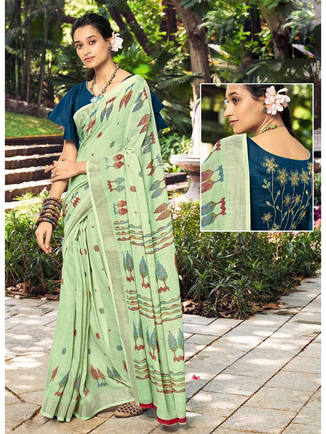 

all about you Green & Blue Woven Design Pure Linen Saree