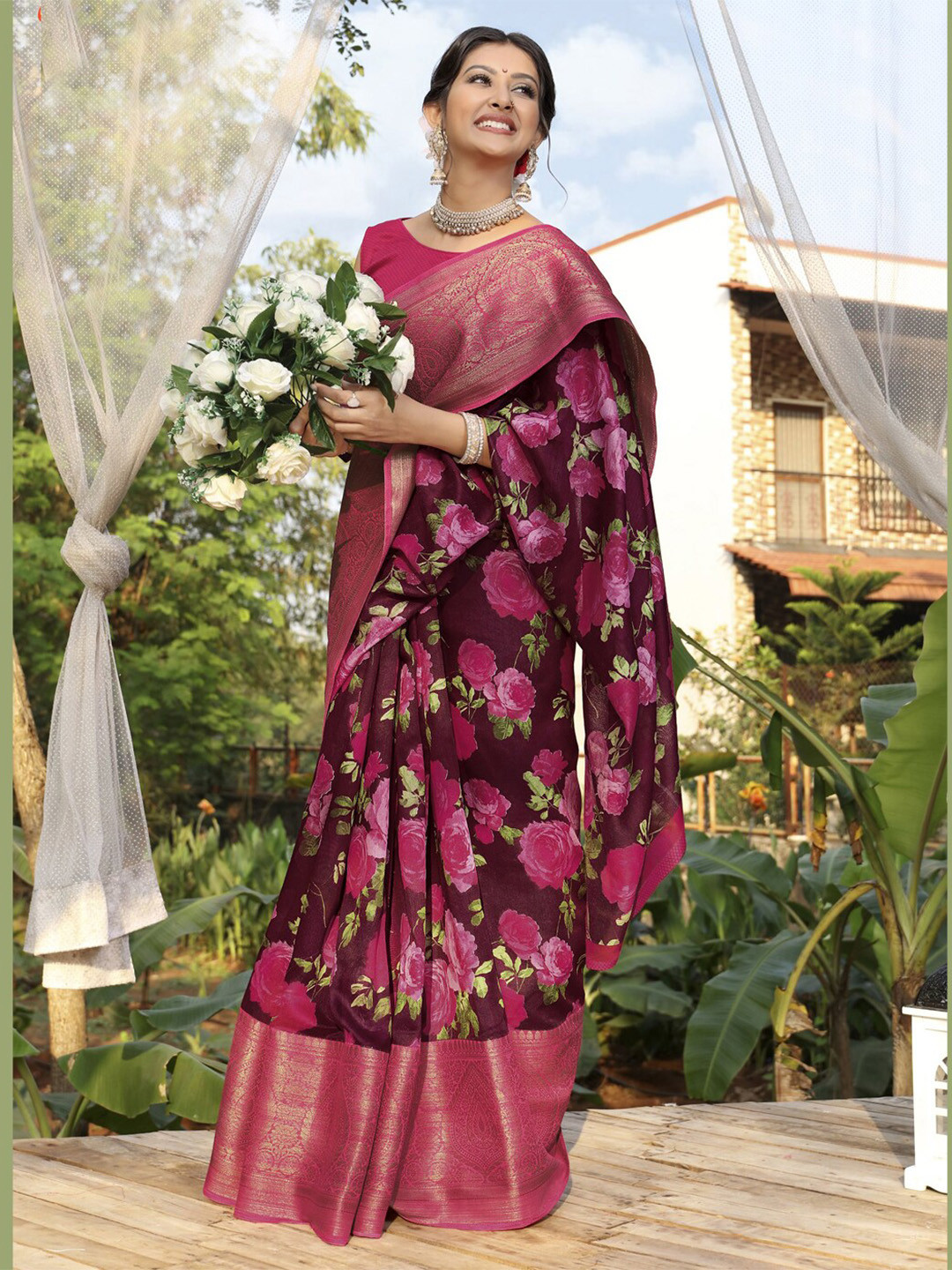 

all about you Maroon & Green Floral Printed Pure Cotton Saree