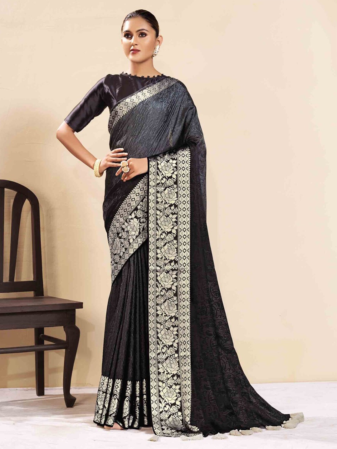

all about you Grey & Gold-Toned Floral Woven Design Zari Saree