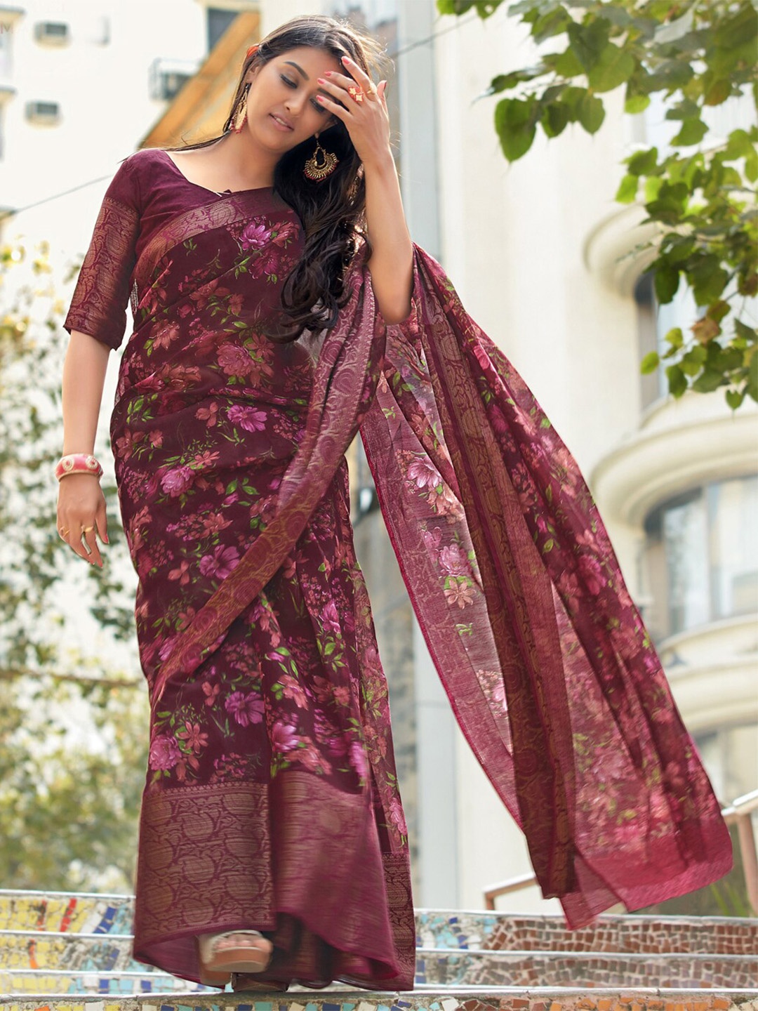 

all about you Purple & Mauve Floral Printed Pure Cotton Saree