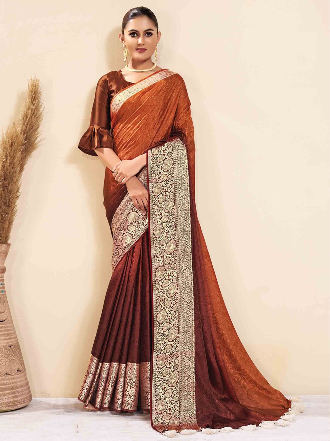 

all about you Orange & Gold-Toned Floral Woven Design Zari Saree