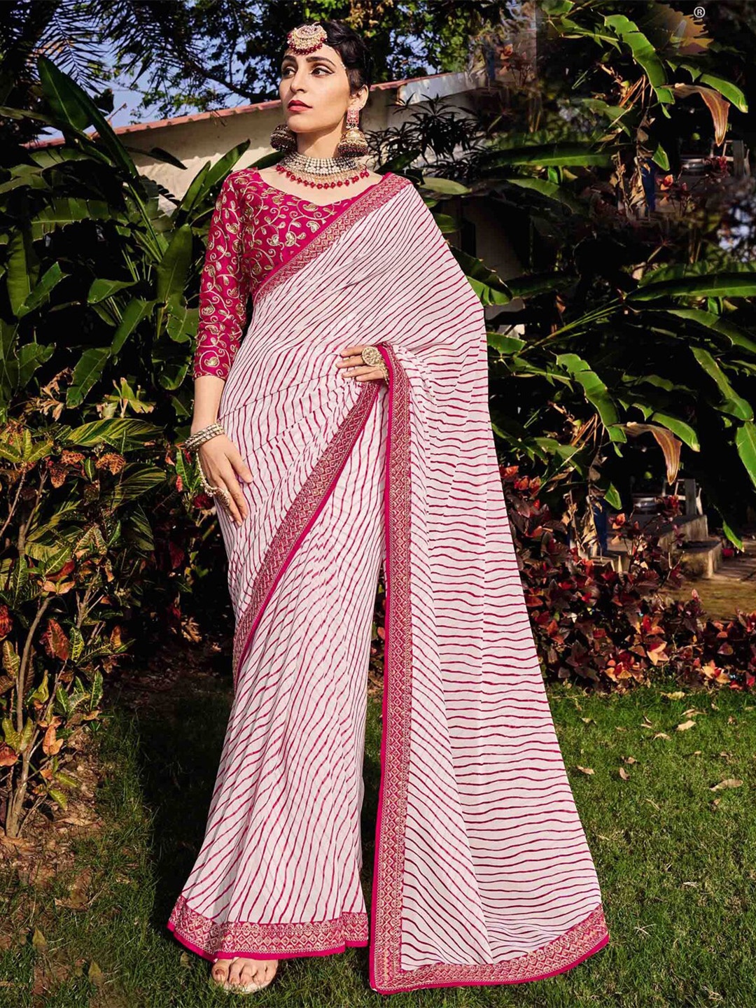 

all about you Pink & White Leheriya Printed Embroidered Pure Georgette Saree