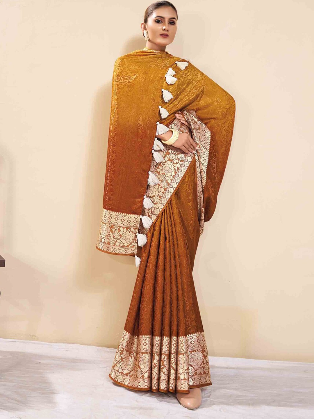 

all about you Mustard & White Ethnic Motifs Woven Design Saree