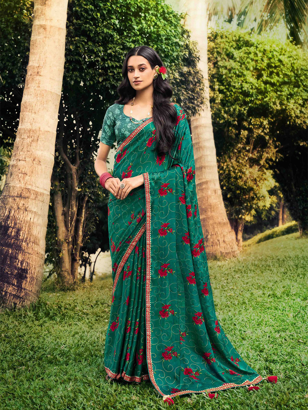 

all about you Sea Green & Maroon Floral Printed Zari Pure Chiffon Saree