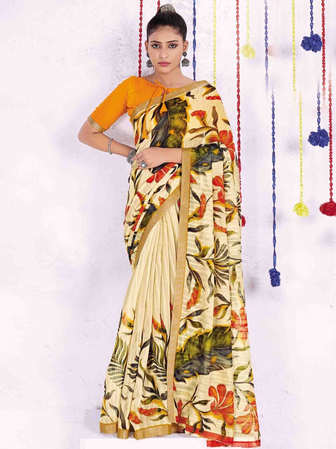 

all about you Cream-Coloured & Yellow Floral Printed Saree