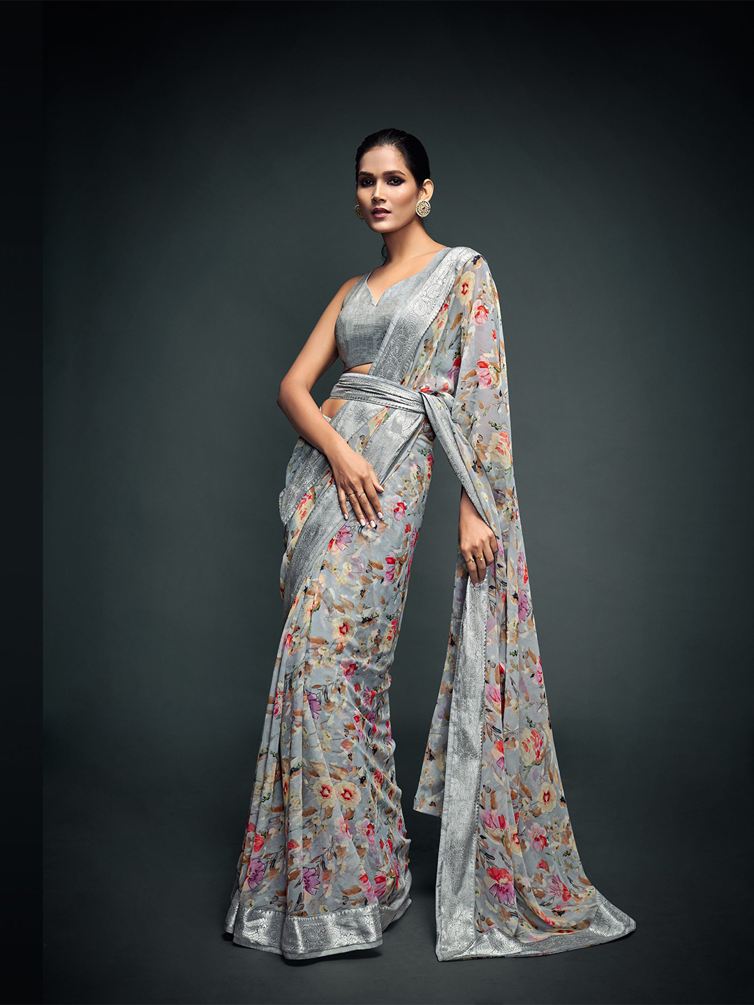 

all about you Grey & Red Floral Printed Zari Pure Georgette Saree