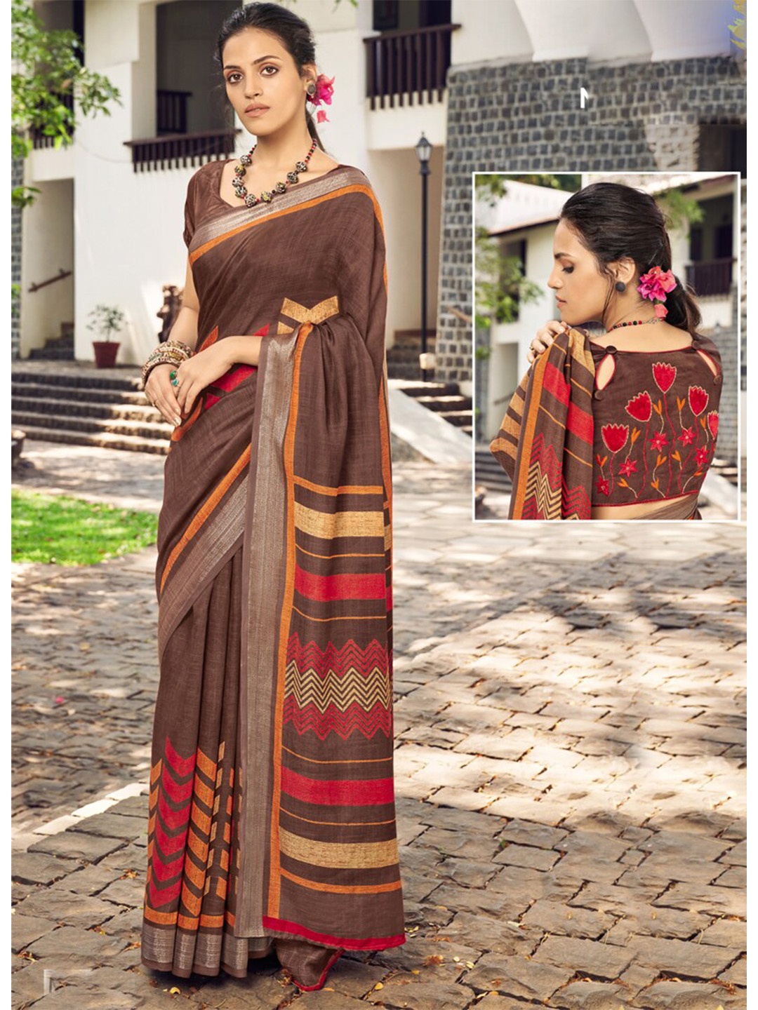 

all about you Brown & Red Geometric Printed Pure Linen Saree