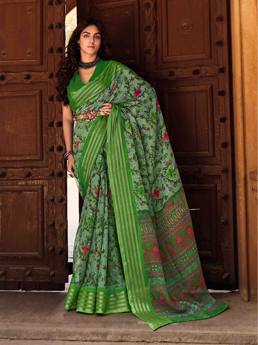 

all about you Green & Red Floral Printed Pure Linen Saree