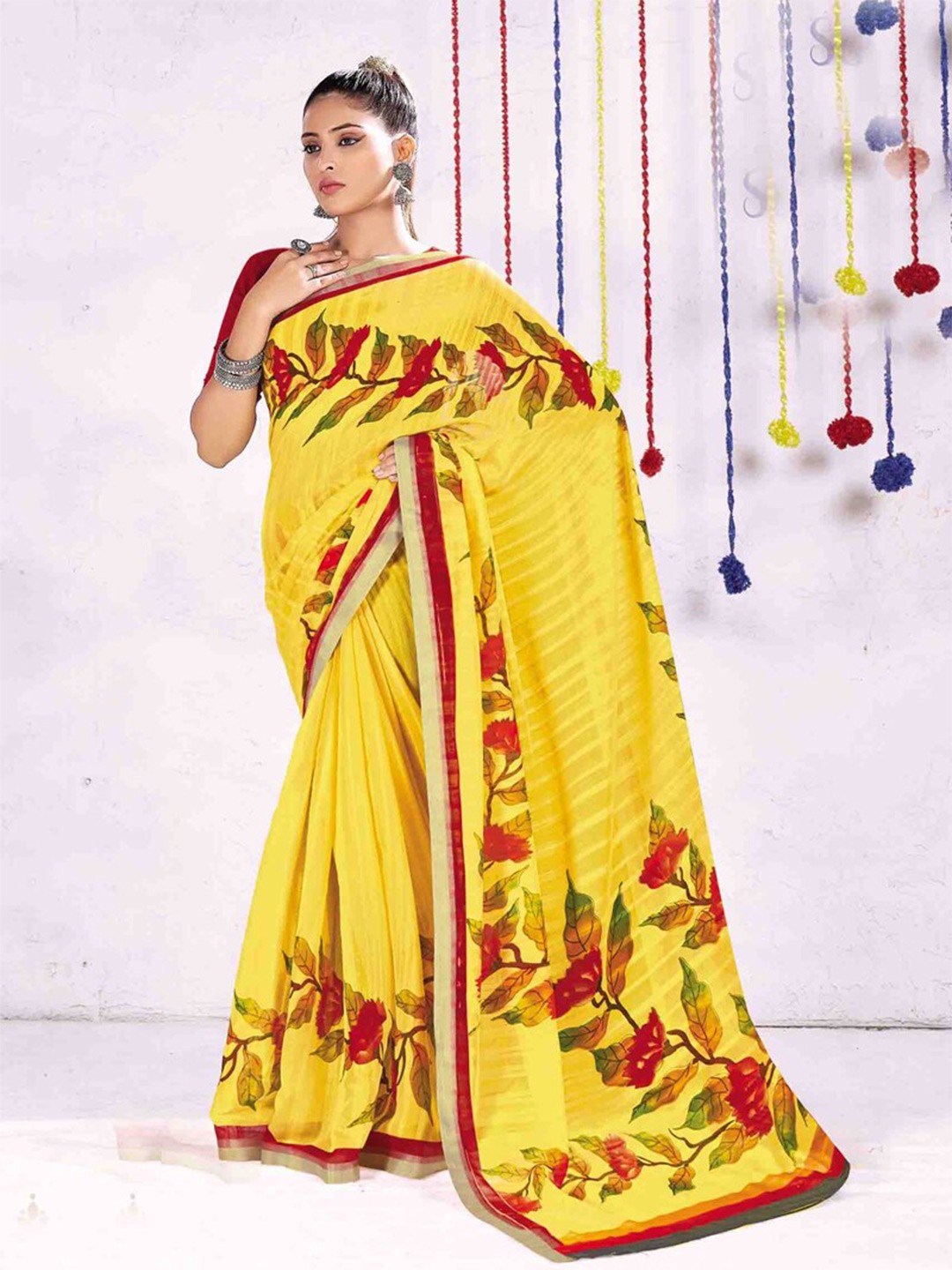 

all about you Yellow & Red Floral Printed Saree