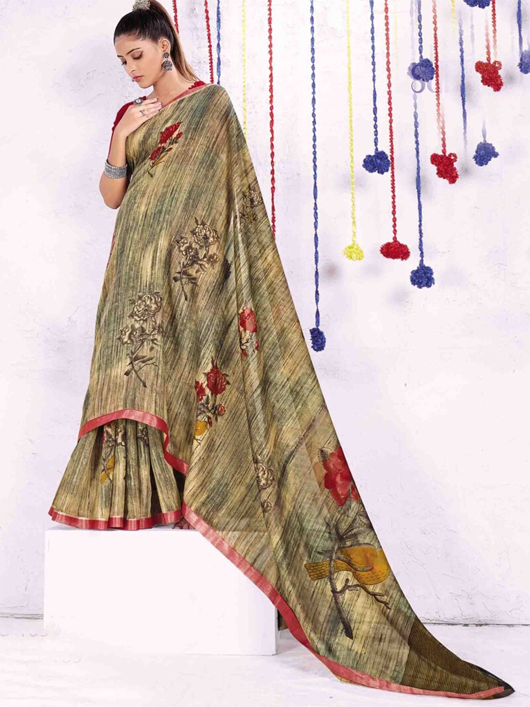 

all about you Olive Green & Red Floral Printed Saree
