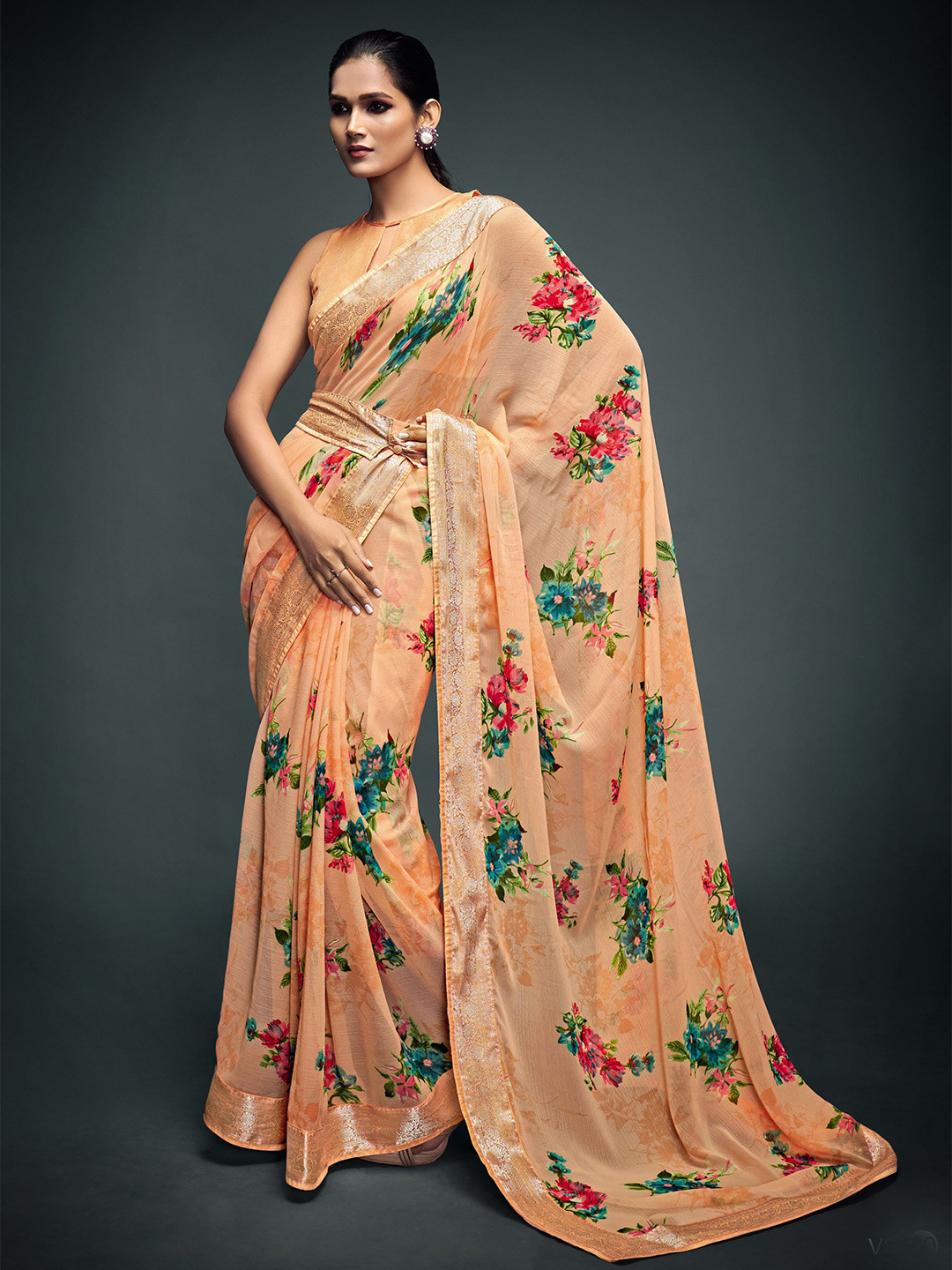 

all about you Peach-Coloured & Red Floral Printed Zari Pure Georgette Saree