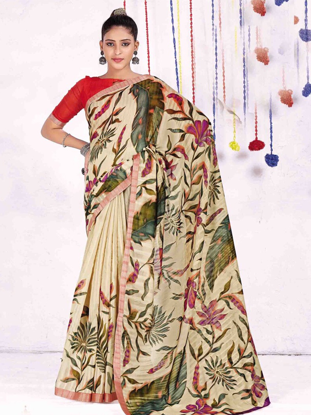 

all about you Cream-Coloured & Green Floral Printed Saree