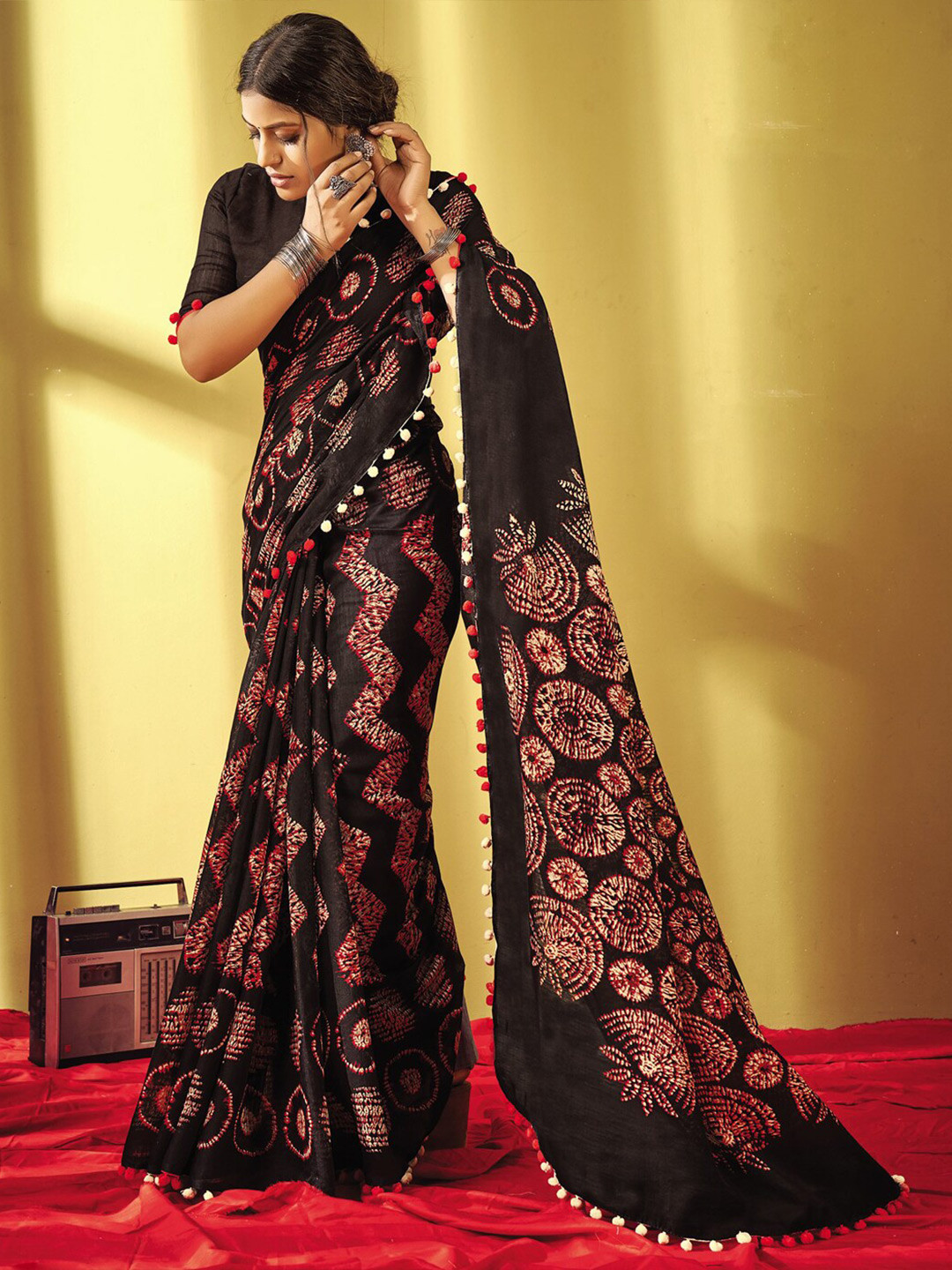

all about you Black & Red Abstract Printed Embellished Pure Cotton Saree