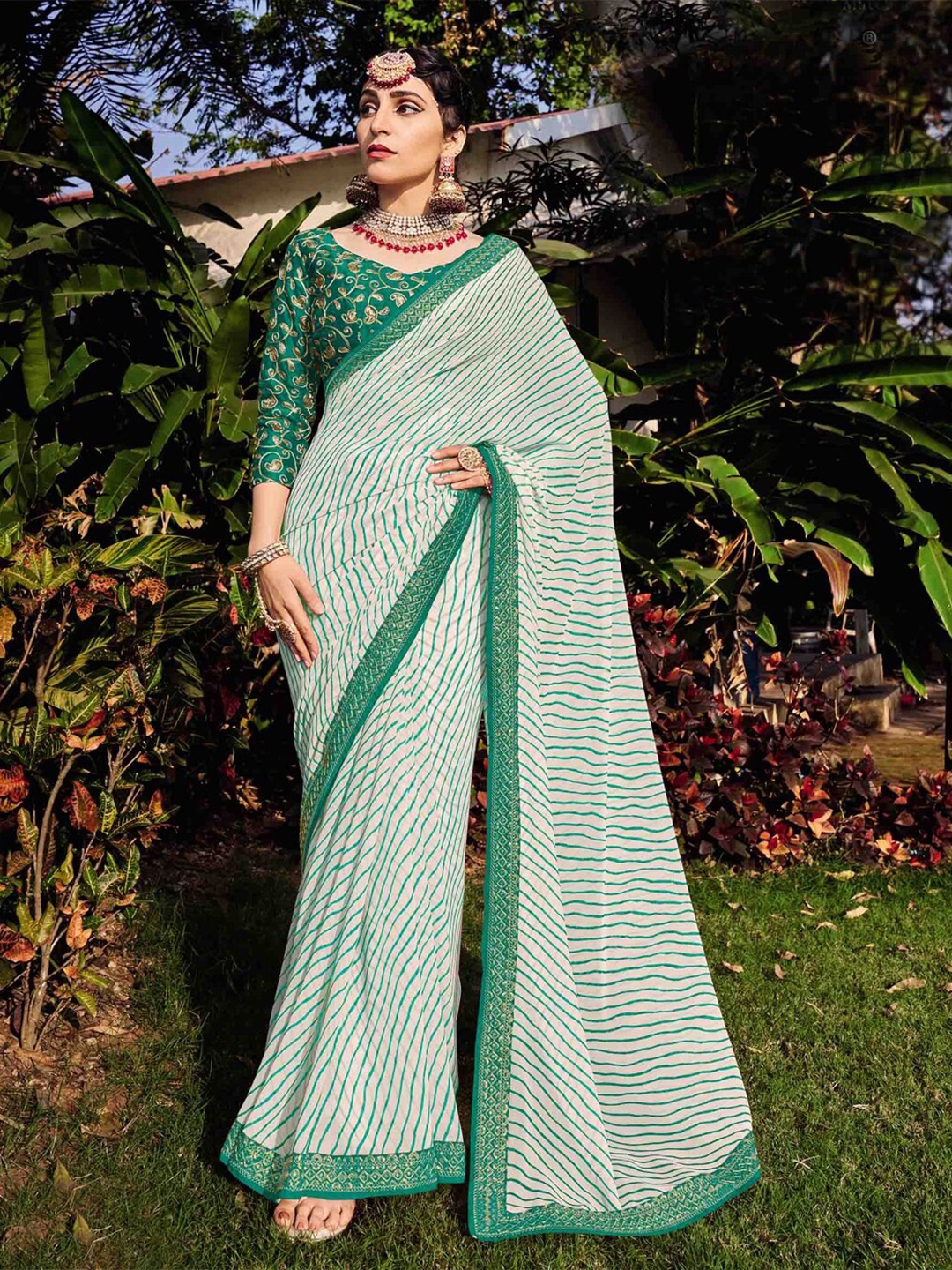 

all about you Sea Striped Embroidered Pure Georgette Saree, Sea green
