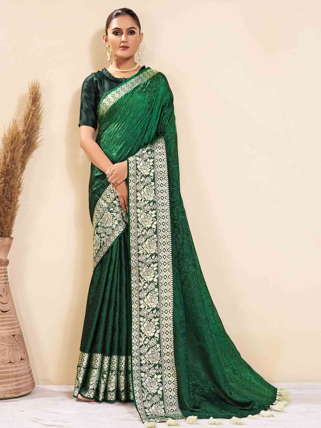 

all about you Green & White Floral Woven Design Saree