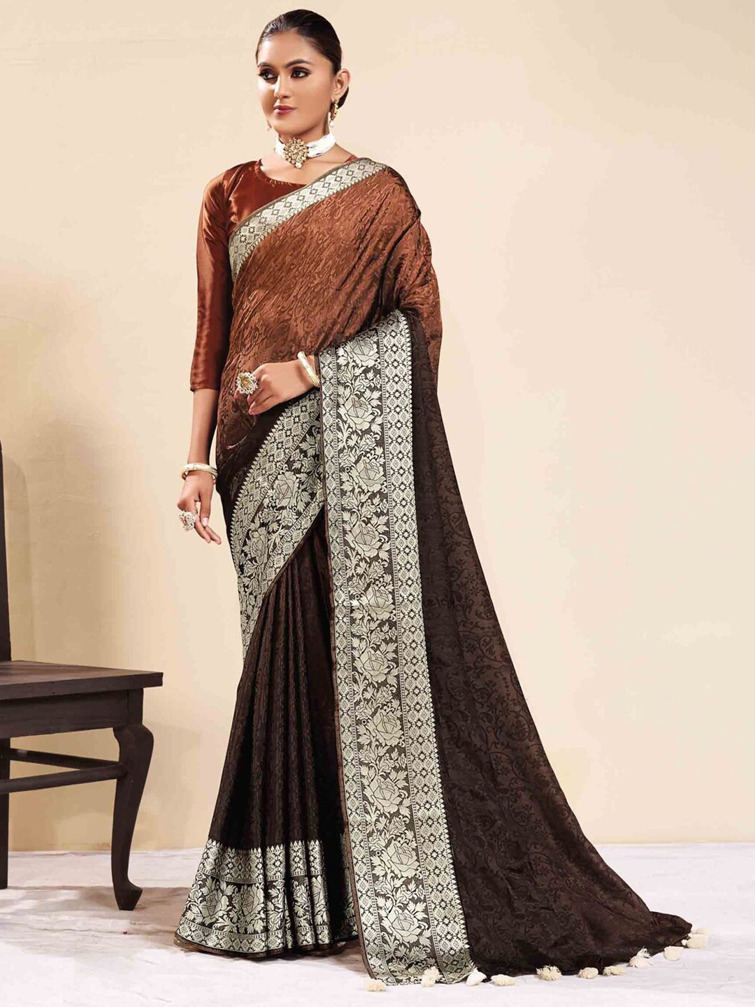 

all about you Brown & Coffee Brown Floral Woven Design Zari Saree