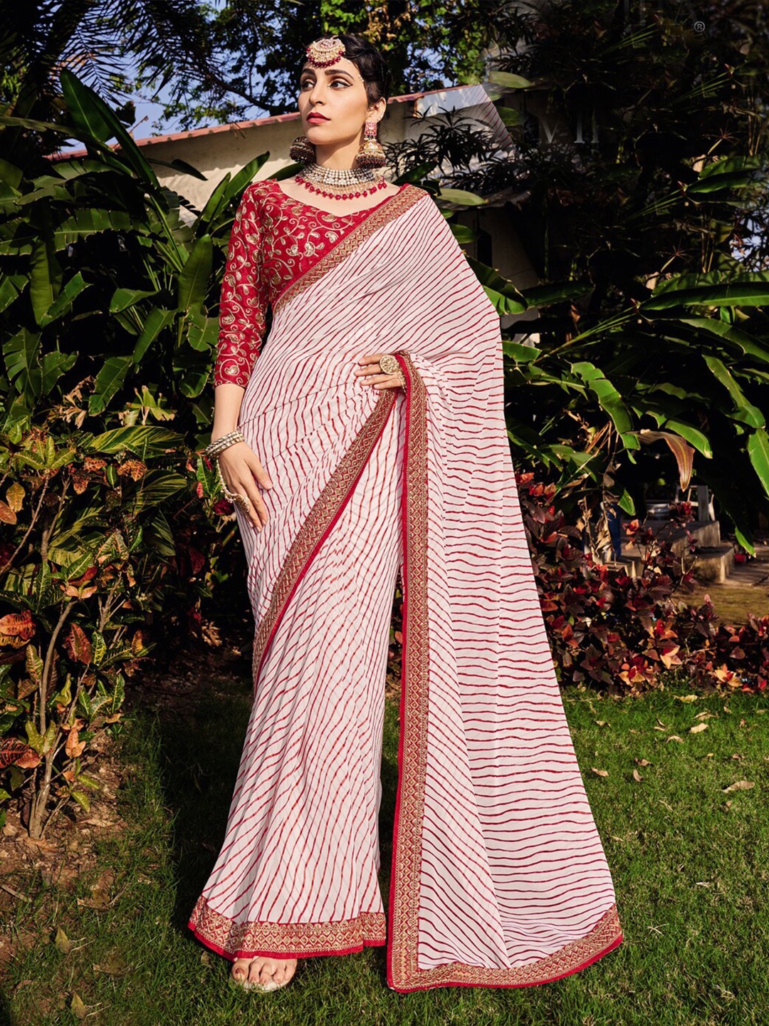 

all about you Red & White Striped Embroidered Pure Georgette Saree