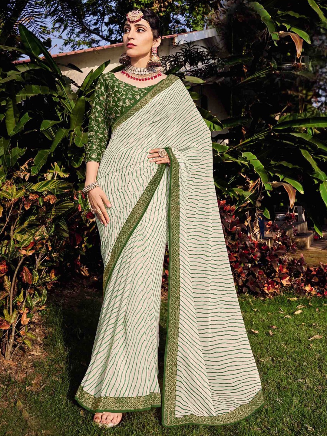 

all about you Green & White Striped Embroidered Pure Georgette Saree