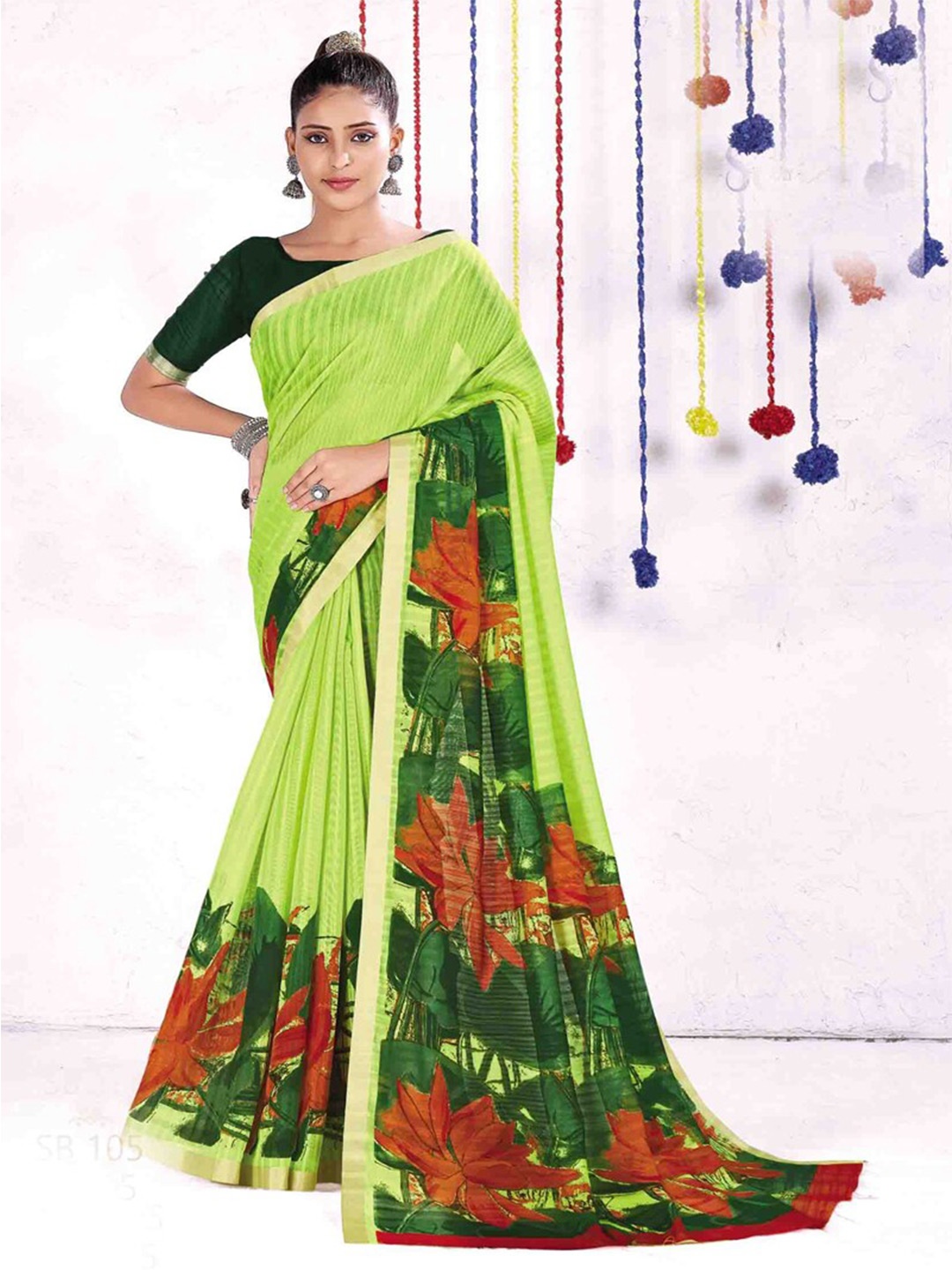 

all about you Lime Green & Red Floral Printed Saree