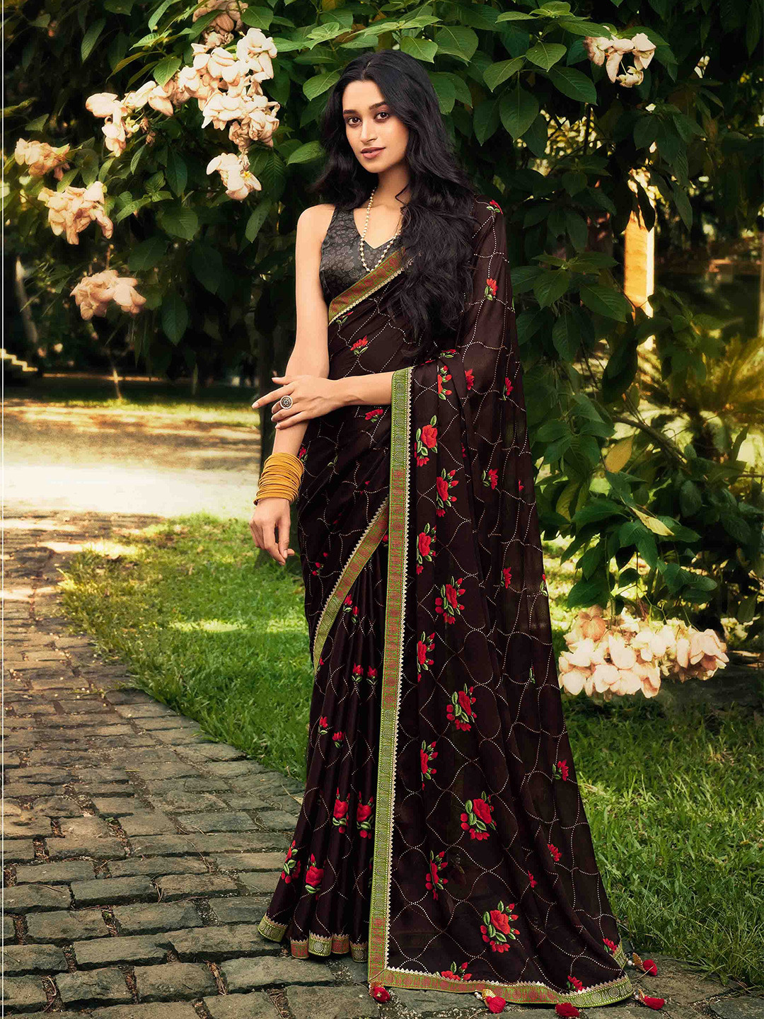 

all about you Brown & Red Floral Gotta Patti Pure Chiffon Saree