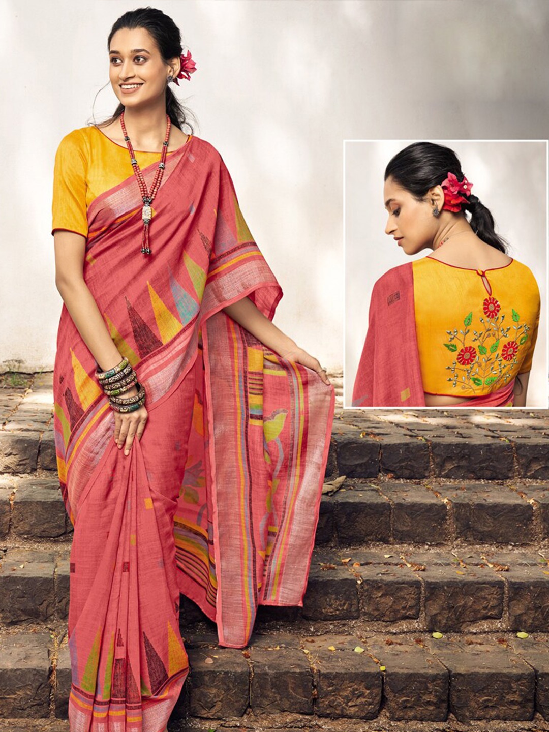 

all about you Pink & Yellow Woven Design Zari Pure Linen Saree
