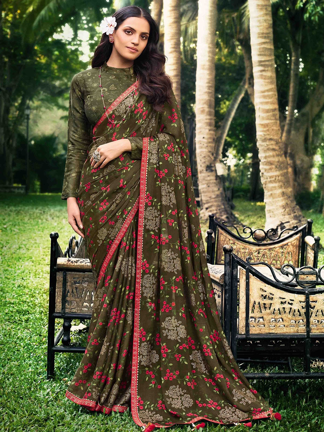 

all about you Green & Red Floral Pure Chiffon Saree