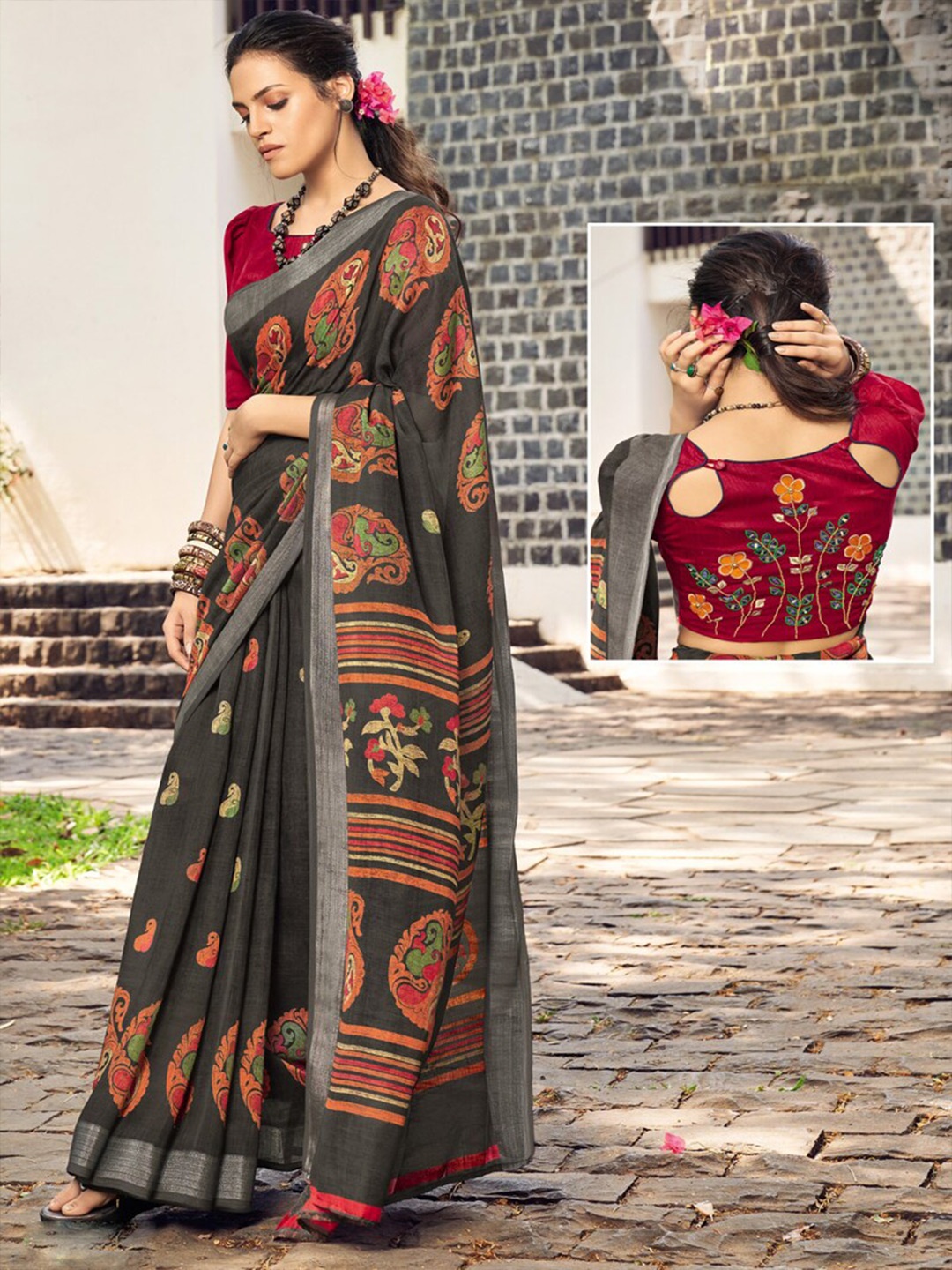 

all about you Black & Orange Ethnic Motifs Zari Pure Linen Saree