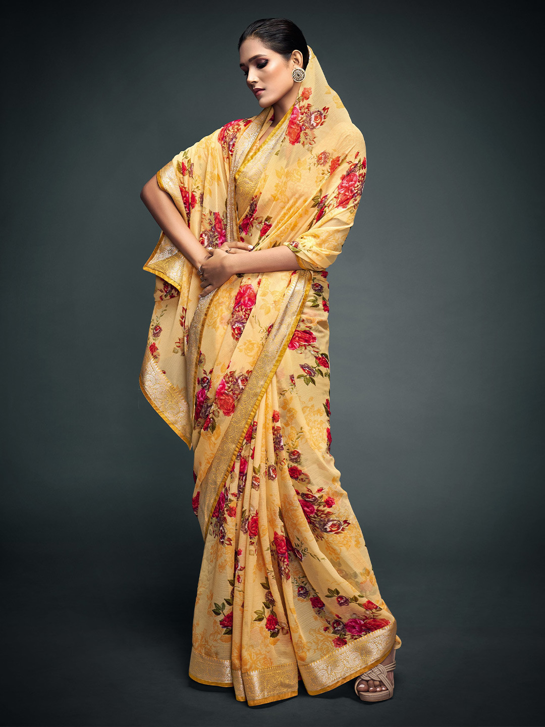 

all about you Yellow & Pink Floral Zari Pure Georgette Saree