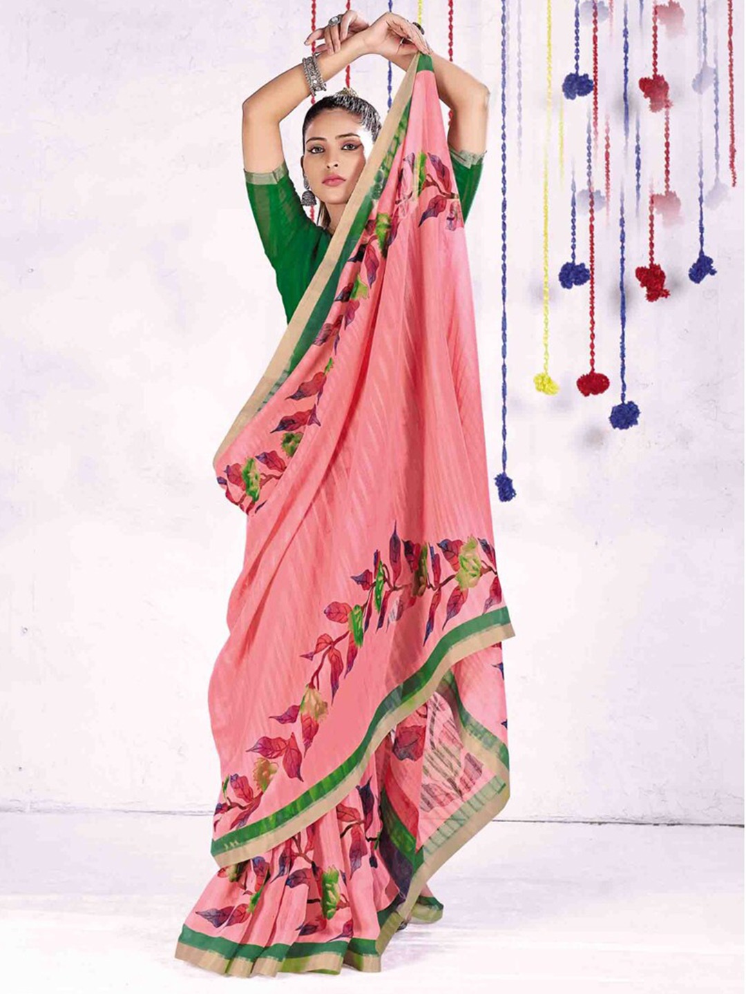 

all about you Pink & Green Floral Printed Saree