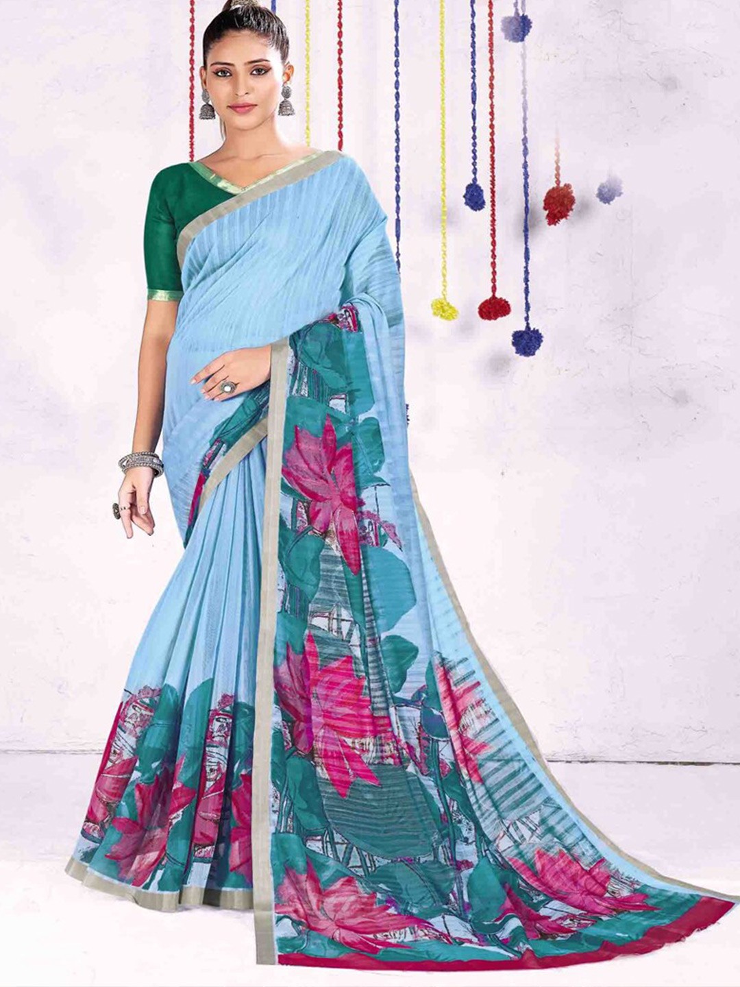 

all about you Blue & Green Floral Printed Saree