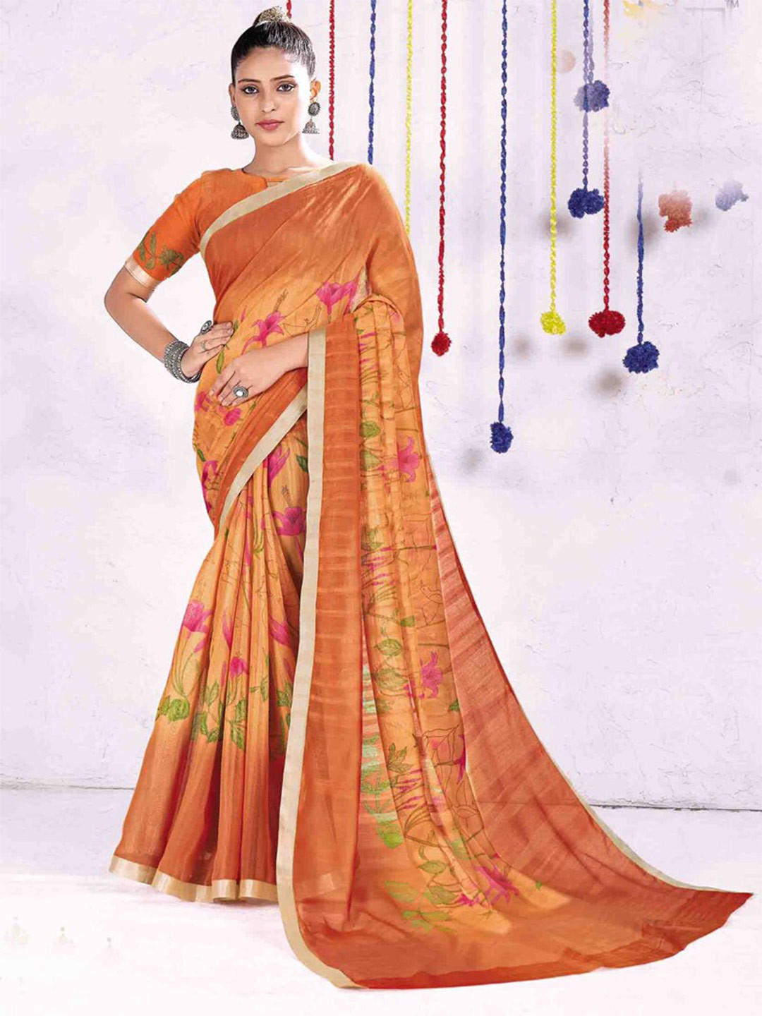 

all about you Orange & Pink Floral Printed Zari Saree
