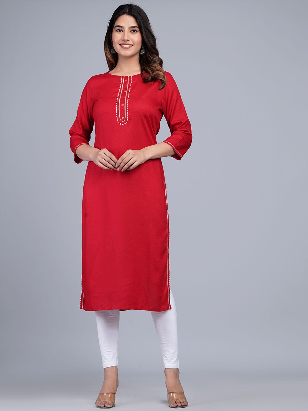 

The Kurta Express Round Neck Gotta Patti Straight Kurtas, Red