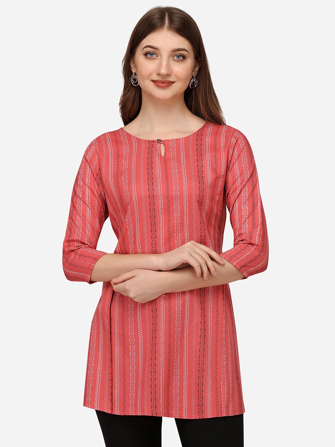 

HERE&NOW Pink & Burnt Striped Printed Kurti