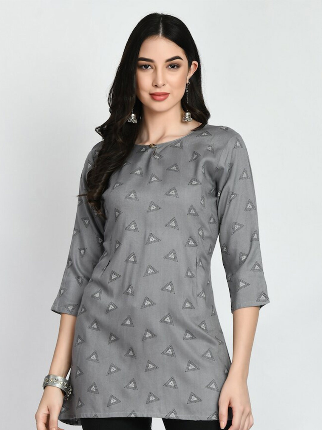 

HERE&NOW Grey & Black Geometric Printed Keyhole Neck Kurti