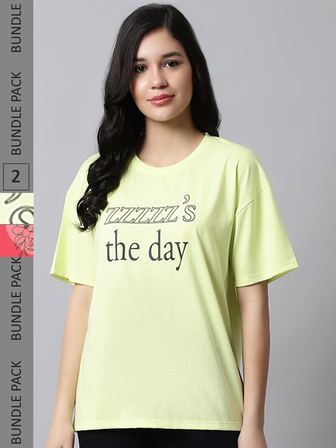 

Kanvin Yellow & Coral Pack Of 2 Printed Drop-Shoulder Oversized T-shirt