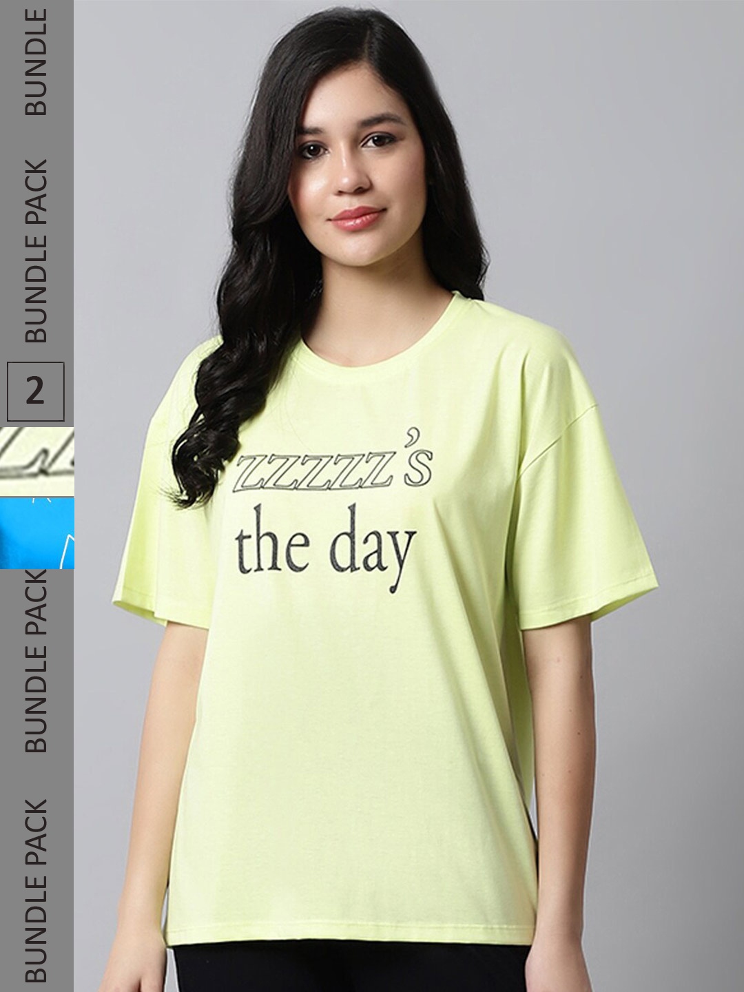 

Kanvin Pack Of 2 Lime Green & Blue Typography Printed Oversized T-Shirt