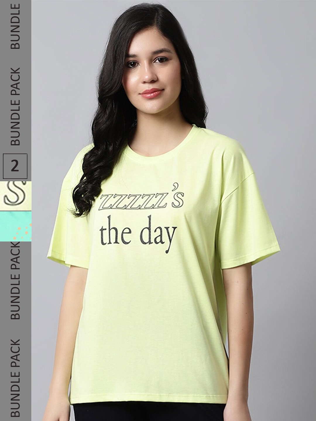 

Kanvin Women Lime Green & green Pack Of 2 Printed Drop-Shoulder Sleeves Oversized T-shirt