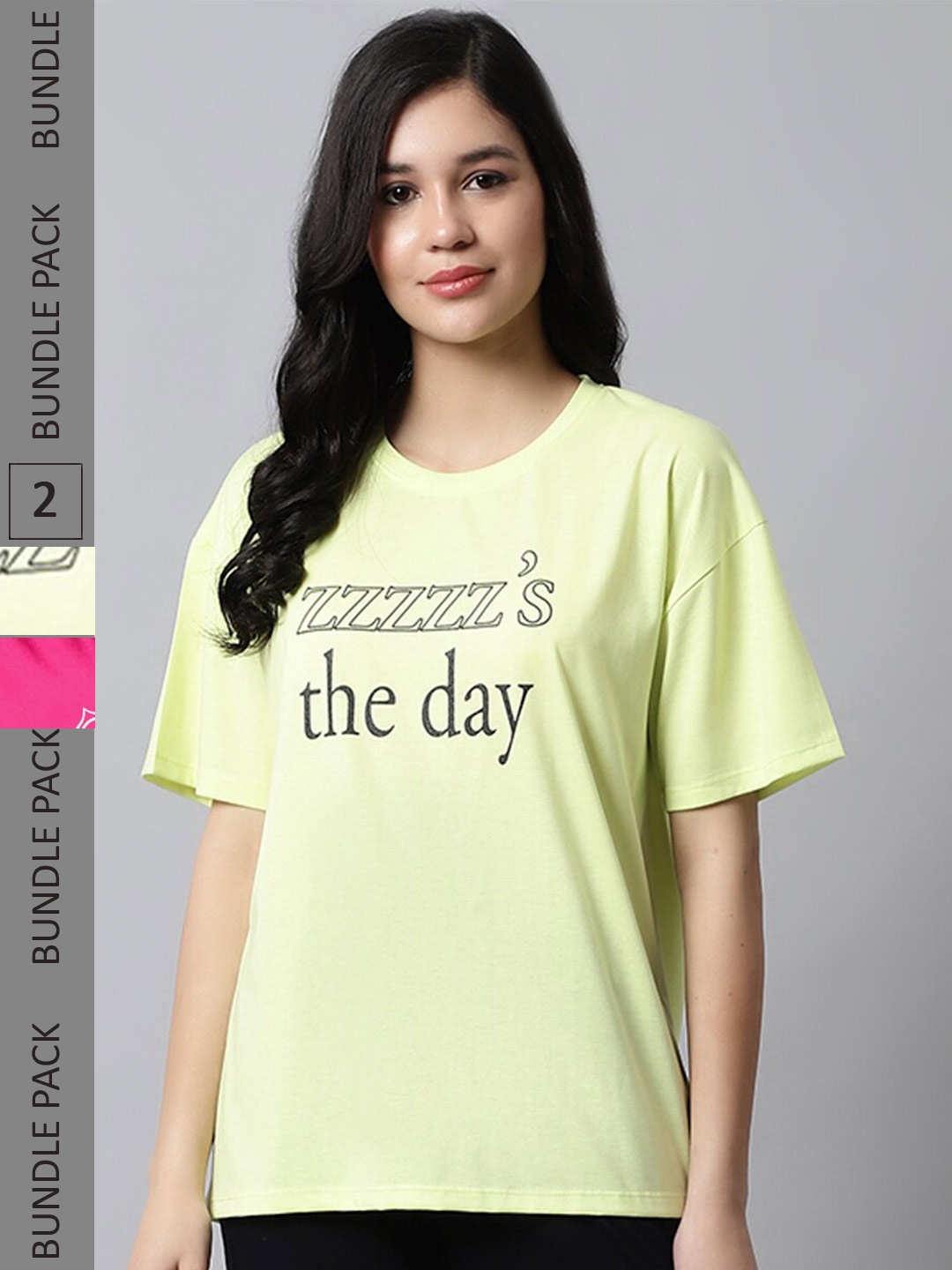 

Kanvin Pack of 2 Lime Green & Magenta Printed Oversized Fit T-shirts